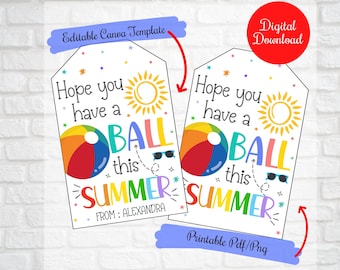 May include: Two printable gift tags with a beach ball, sunglasses, and sun design. The text on the tags reads "Hope you have a ball this summer".