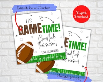 May include: Two white cards with a football theme. The cards read "IT'S GAME TIME! Good luck this season!" and feature a brown football graphic. The cards also have a green field graphic at the bottom. The words "Editable Canva Template" and "Digital Download" are also visible.