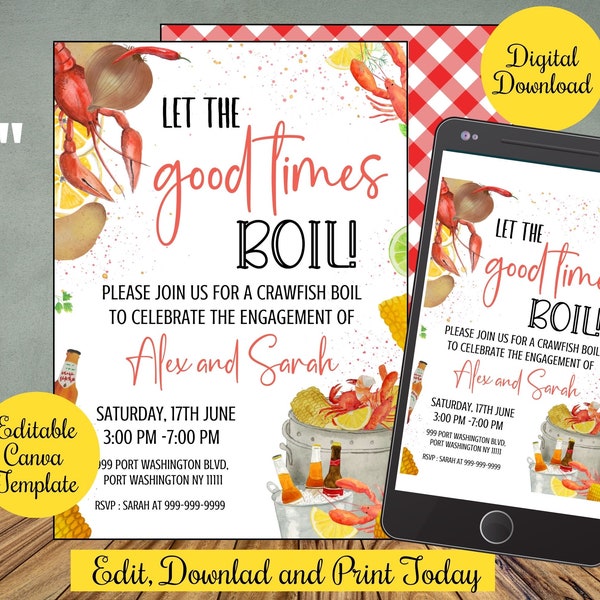 Crawfish Boil Engagement Party Invite, Canva template, Let the good times boil, Editable Seafood boil invitation, Crawfish engagement,