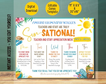 Puede incluir: Un horario imprimible de la semana de apreciación del profesorado con un tema de verano. El horario incluye una actividad diaria para cada día de la semana, de lunes a viernes. El texto dice "Sun-Sational! Semana de Apreciación del Profesorado y del Personal del 2 de mayo al 6 de mayo".