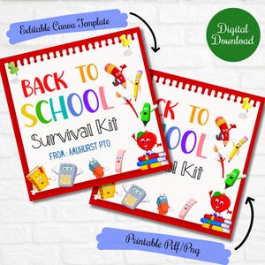 Back To School Survival Kit printable tag, School Supplies Gift tag sor students Gift tag,Middle School High School tag ,PTO PTA,Editable