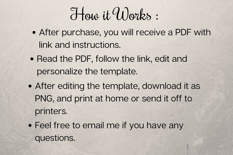 May include: A text-based image explaining how to use a digital template. After purchasing, you will receive a PDF with a link and instructions. Read the PDF, follow the link, edit and personalize the template. After editing, download the template as a PNG and print at home or send it to a printer. Feel free to email the seller if you have any questions.