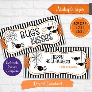 Adorno para bolsa de dulces de Halloween de Bugs and Kisses, etiquetas de regalo de Halloween editables, adornos para bolsas de dulces de la escuela, etiquetas de regalo de la PTO, truco o trato