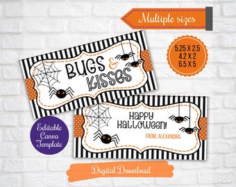 Bugs and Kisses Halloween treat bag topper, Editable Halloween gift Tags, Class School Treat Bag Toppers, PTO Gift tags, Trick or Treat