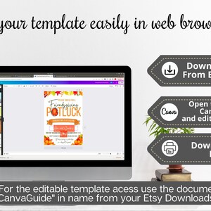 May include: A computer screen displaying a Canva template for a Friendsgiving potluck. The template features a fall-themed design with pumpkins, leaves, and the text "Friendsgiving Potluck". Instructions for downloading and editing the template are displayed on the right side of the image.