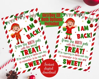 Elf I am back gift tags, christmas elf tradition, Elf back with gifts, Elf gift tags, Elf back from North Pole, Elf Return, Elf Treat Tag