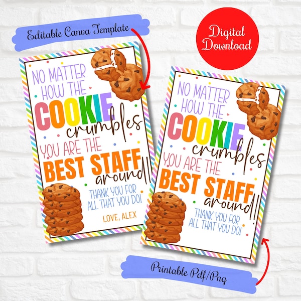 Teacher appreciation week Cookie Gift Tags, No matter how the cookie crumbles you are the best staff,  Editable printable, PTO, Volunteer