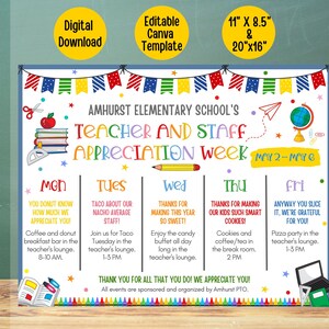 Editable Teacher appreciation week schedule, School teacher appreciation week itinerary, appreciation week events,plan editable template PTO