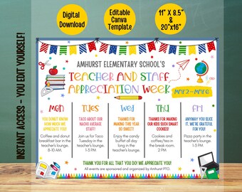 Editable Teacher appreciation week schedule,School teacher appreciation week itinerary, appreciation week events,plan editable template PTO
