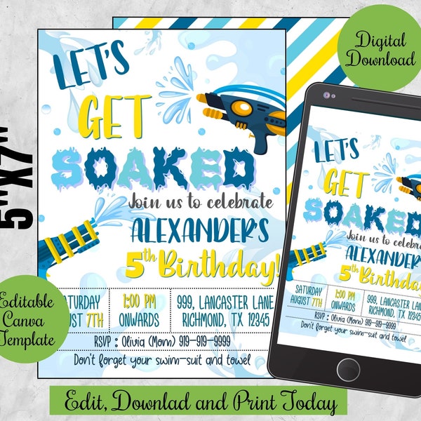 Editable Water gun birthday invitation,Let's get soaked digital invite Evite, Personalized Water Gun Splash Party canva template printable