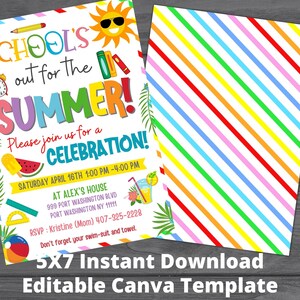 May include: A colorful 5x7 inch printable invitation template for a summer celebration. The invitation features a sun with sunglasses, a stack of books, a watermelon, a popsicle, a protractor, a beach ball, and a glass of lemonade. The text on the invitation reads "School's out for the Summer! Please join us for a Celebration! Saturday April 16th 1:00 PM - 4:00 PM at Alex's House 999 Port Washington Blvd Port Washington NY 11111 RSVP: Kristine (Mom) 407-325-2228 Don't forget your swim-suit and towel."