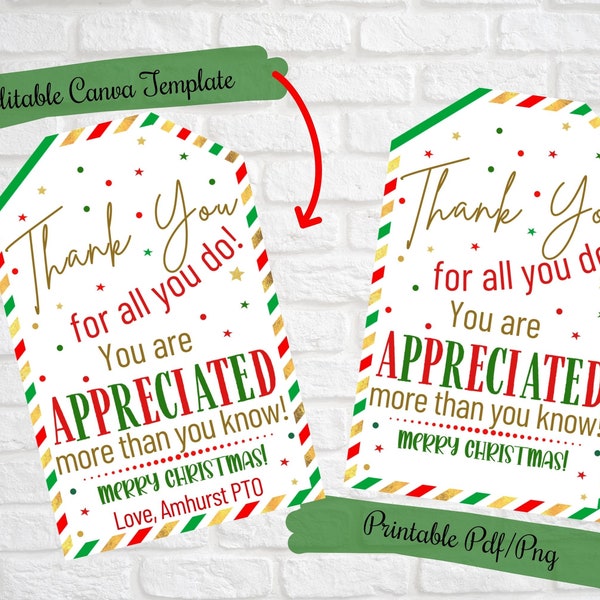 Christmas Appreciation Gift Tags,Thank you for all you do treat tags ,teacher, friends, family, school, co-workers, PTO,Christmas treat tags