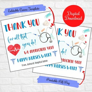 Happy Nurses Week Editable Thank You Gift Tags, Healthcare Professional Gift tag, thank you for making a difference, Nurse appreciation tags
