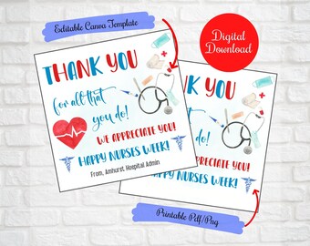 May include: Printable thank you card for nurses with a red heart, stethoscope, bandages, and other medical supplies. The card says "Thank you for all that you do! We appreciate you! Happy Nurses Week!" and "From, Amhurst Hospital Admin".