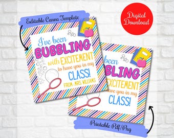 First Day of School Bubbles Gift tags, I am bubbling with excitement to have you in my class, Back to school Class Bubble Wand Gift tags,