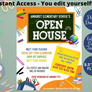 Open huis terug naar school flyer voor school, klasse open huis afdrukbaar, open huis voor school flyer poster, bewerkbare Canva-sjabloon