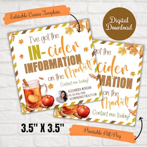 Può includere: Due biglietti quadrati con grafica e testo a tema autunnale. I biglietti recitano "Ho le INFORMAZIONI IN-cider sul mercato!" e "Contattami oggi!". I biglietti misurano 8,89 cm x 8,89 cm e offrono un download digitale.