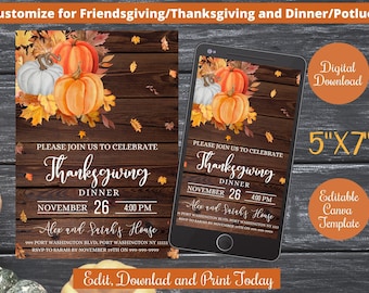 Thanksgiving Dinner Party Invite Printable,Thanksgiving Potluck Invitation Digital, friendsgiving thanksgiving dinner canva template