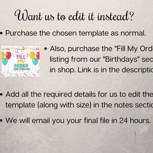 May include: A graphic with the text "Fill My Order (Birthdays)" surrounded by colorful balloons and confetti. The graphic is a template for ordering personalized birthday items.