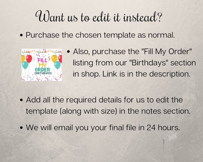 May include: A graphic with the text "Fill My Order (Birthdays)" surrounded by colorful balloons and confetti. The graphic is a template for ordering personalized birthday items.