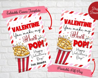 May include: Printable Valentine's Day card with a red and white striped popcorn bucket and the text "VALENTINE You make my Heart POP! Happy Valentine's Day! From, Alexandra"