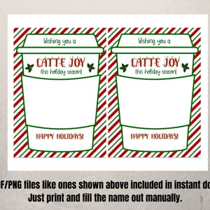 May include: Two printable gift tags featuring a red and green striped background with a white coffee cup design. The text on the tags reads "Wishing you a Latte Joy this holiday season!" and "Happy Holidays!"