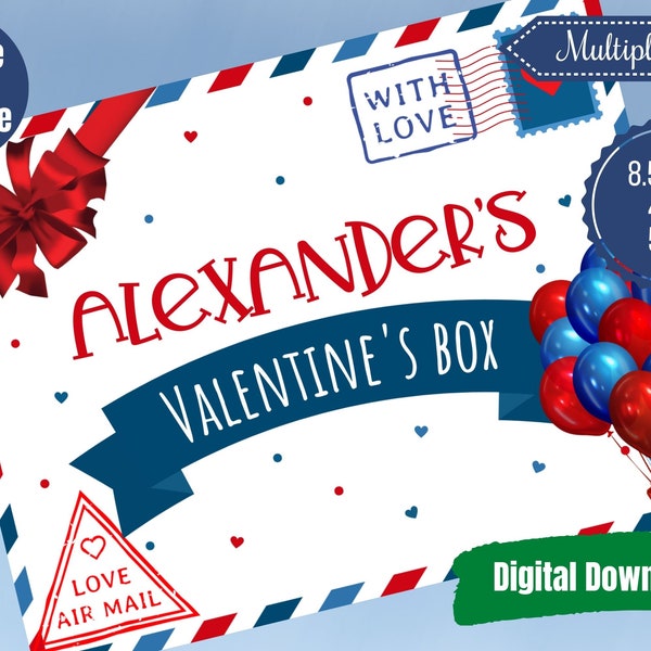 EDITABLE unisex Valentine Box Label Template, Personalized Valentine Shoe Box Label for boys and girls, Digital Download, Canva Template