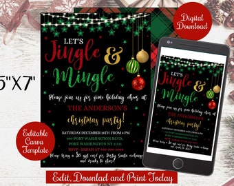 Könnte beinhalten: Editierbare Weihnachtsfeier-Einladungsvorlage mit schwarzem Hintergrund, grünem und rotem Glitzertext mit der Aufschrift "Let's Jingle & Mingle" und goldenen und roten Ornamenten. Der Text enthält auch das Datum, die Uhrzeit und den Ort der Party.