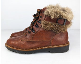 Vintage 90s Brown Leather lace up ankle boots Fur trim RIEKER Size 40 ladies