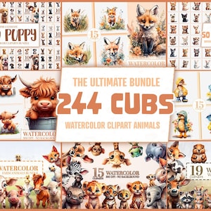 244 Mega Cute Animals Cub Bundle - Watercolor Clipart PNGs, Nursery Decor, Sublimation, Baby Shower, Jungle, Woodland, Farm, Dogs, Cats PNG