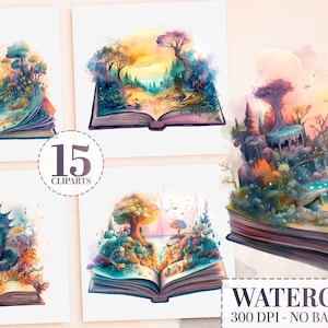 15 Watercolor Fantasy Book Clipart Bundle, Vintage & Magical Book PNGs, Floral Clipart, Retro Scrapbooking, Digital Prints, Fantasy Library