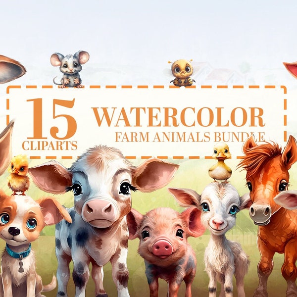 Watercolor Farm Animals Bundle - 15 Cute Baby Animals PNG, Nursery Clipart, Farmyard Pets, Sublimation, Instant Digital Download, Wall Art