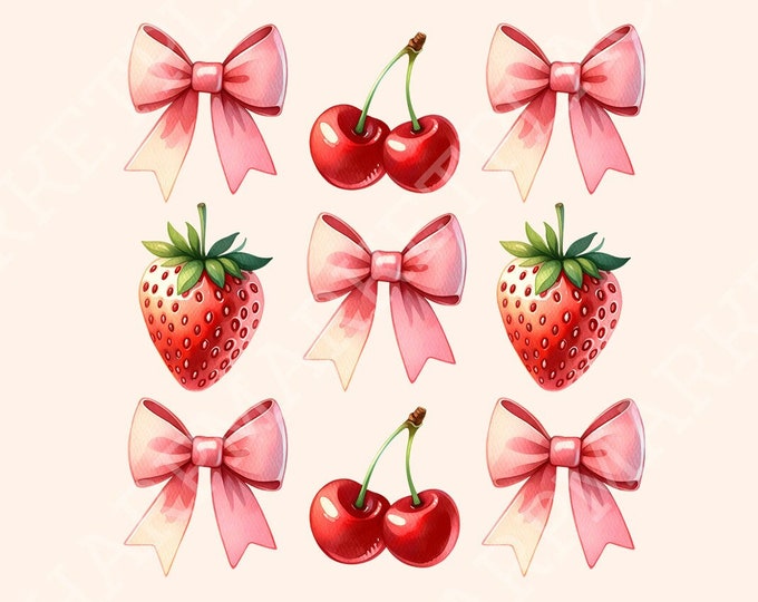 Coquette Cherry Bow PNG, Strawberry PNG Bundle - Coquette Pink Bows & Fruits Design, Soft Girl Aesthetic, Preppy Sublimation, Cottagecore