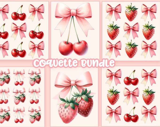 Coquette Mega Bundle Pink Bow & Strawberry PNG Bundle: Cottagecore Aesthetic, Preppy Sublimation Designs, Soft Girl Digital Download, Trendy