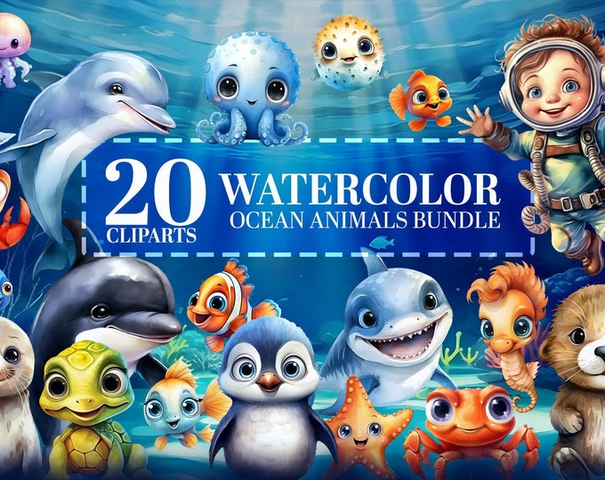 Watercolor Ocean Babies Clipart Bundle: 20 Cute Sea Animals PNG, Nursery Decor, Undersea Marine Creatures, Jellyfish, Octopus, Starfish