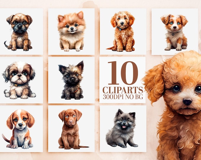 Watercolor Puppy Clipart Bundle - 10 Adorable Dog Breeds, Cute PNG Illustrations, Sublimation Files, Commercial Use, Instant Download
