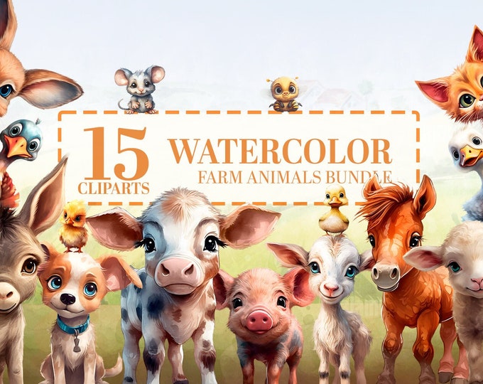 Watercolor Farm Animals Bundle - 15 Cute Baby Animals PNG, Nursery Clipart, Farmyard Pets, Sublimation, Instant Digital Download, Wall Art