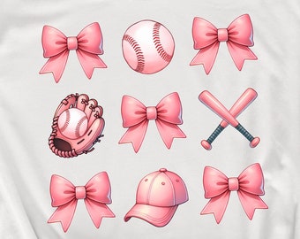 Pink Baseball Mom & Sister Coquette Bow PNG Bundle, Pastel Baseball Glove, Cap Illustrations, Baseball Bat Fashion Clipart, Digital Download