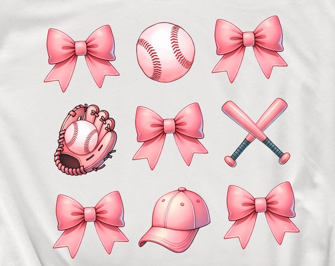 Pink Baseball Mom & Sister Coquette Bow PNG Bundle, Pastel Baseball Glove, Cap Illustrations, Baseball Bat Fashion Clipart, Digital Download