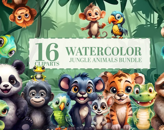 16 Jungle Baby Animals Clipart Bundle, Cute Tropical Nursery Wall Art PNGs, Watercolor Baby Shower Graphics, Jungle Animals Sublimation