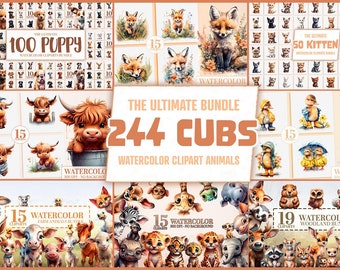 244 Mega Cute Animals Cub Bundle - Watercolor Clipart PNGs, Nursery Decor, Sublimation, Baby Shower, Jungle, Woodland, Farm, Dogs, Cats PNG