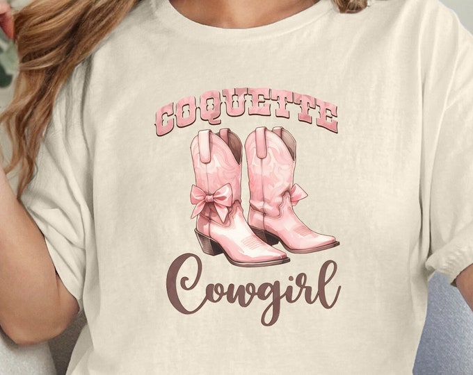 Coquette Cowgirl PNG, Pink Ribbon Tee, Aesthetic Baby Tee, Cowgirl Boots with Bows, Trendy Western Sublimation Design, Instant Download