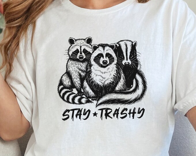 Stay Trashy PNG, Funny Raccoon Opossum Skunk, Retro Animal Design, Raccoon Squad, Humorous T-Shirt Graphic, Digital Download, Download