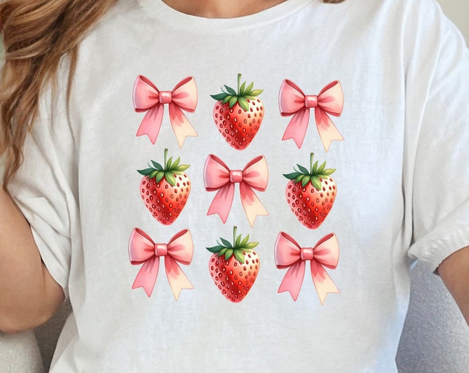 Coquette Strawberry and Pink Bow PNG - Trendy Coquette Aesthetic, Preppy Digital Download, Cottagecore Ribbon, Strawberry Grid Design