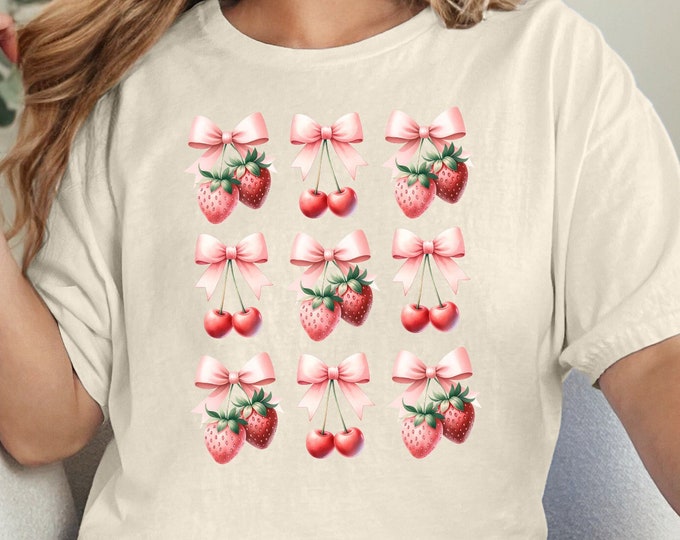 Cherry Bow PNG, Strawberry Design, Pink Bow Coquette Aesthetic, Sublimation PNG for Soft Girl, Cottagecore Preppy, Gift for Her Download