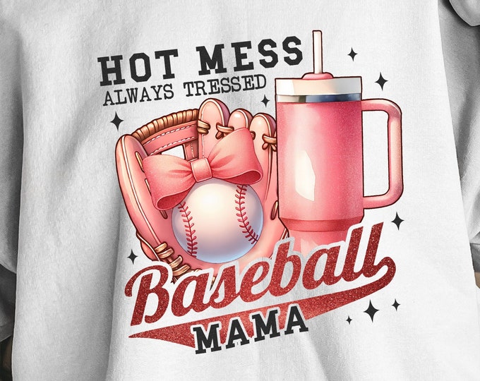 Hot Mess Mom & Baseball Mama PNG: Trending Glitter Sublimation Design, Retro Softball, Baseball Season Digital Download, Best Seller