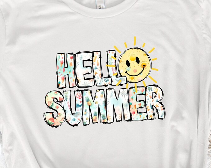 Hello Summer PNG, Sublimation Designs Download, Beach Vibes, Digital & Retro Doodles, Vacation Shirt Graphics, Western Retro Summer