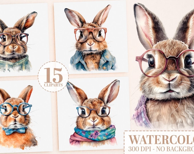Watercolor Bunny Clipart Bundle: 15 Cute Bunnies with Glasses PNG, Happy Easter & Nursery Printable Art, Rabbit Clipart, Easter Watercolor