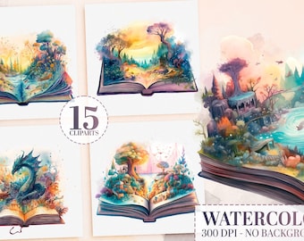 15 Watercolor Fantasy Book Clipart Bundle, Vintage & Magical Book PNGs, Floral Clipart, Retro Scrapbooking, Digital Prints, Fantasy Library