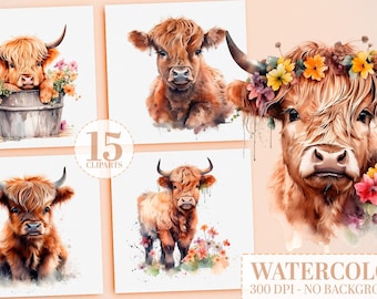 15 Highland Cow PNG Bundle: ClipArt, Printable Wall Art, Sublimation PNG, Baby Highland Cow, Nursery Decor, Scrapbooking, Cow Wall print